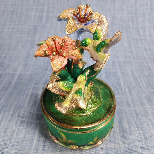 1990s Vintage Keepsake Holder: Flowers and Humming Birds in Green and Pink Enamel