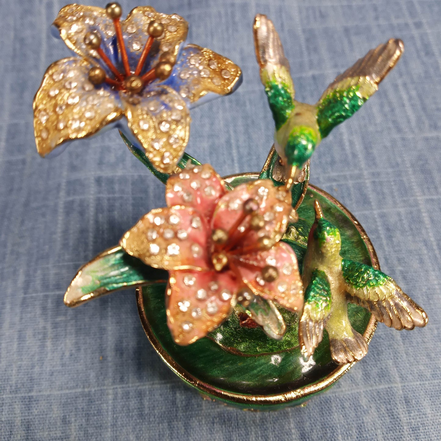 1990s Vintage Keepsake Holder: Flowers and Humming Birds in Green and Pink Enamel