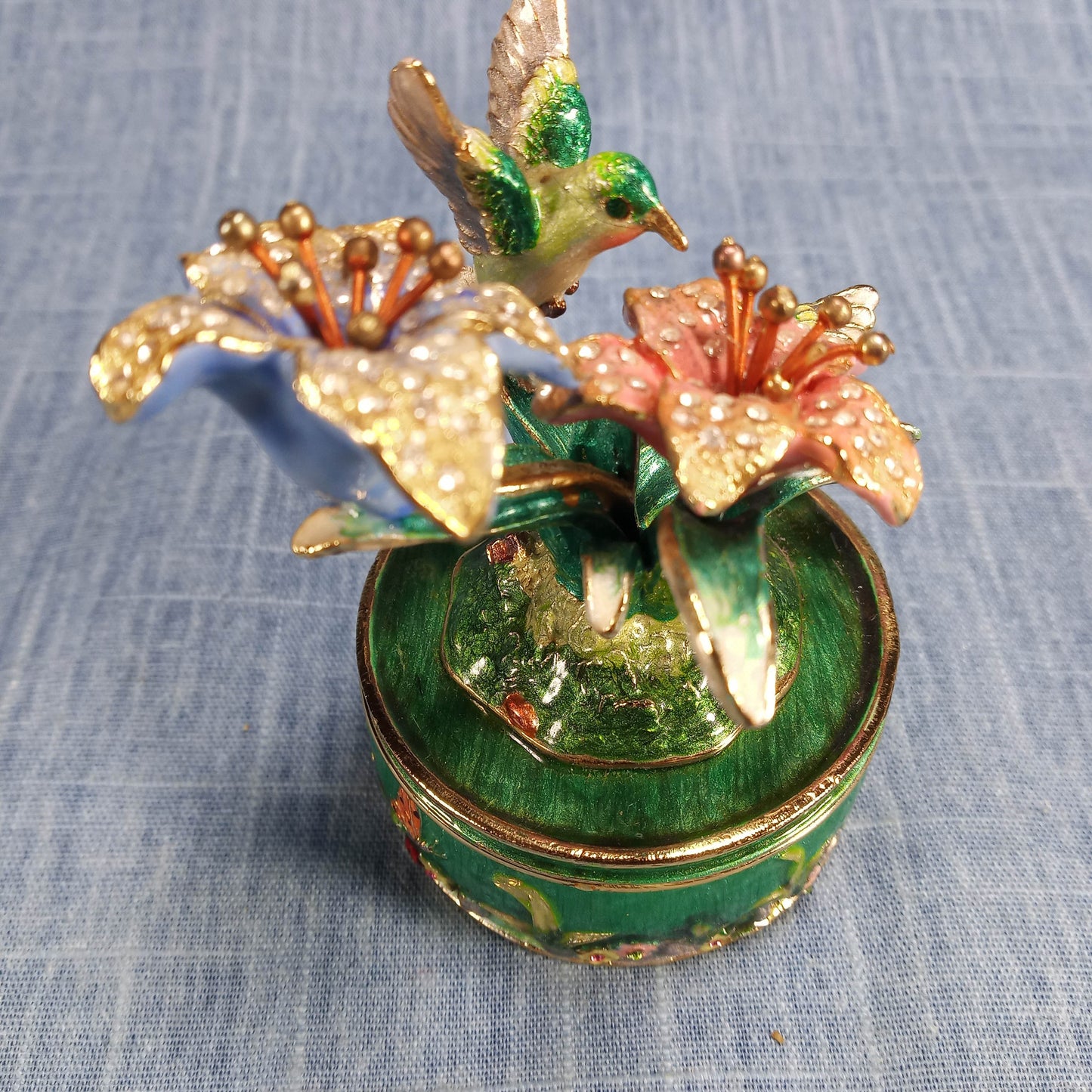 1990s Vintage Keepsake Holder: Flowers and Humming Birds in Green and Pink Enamel