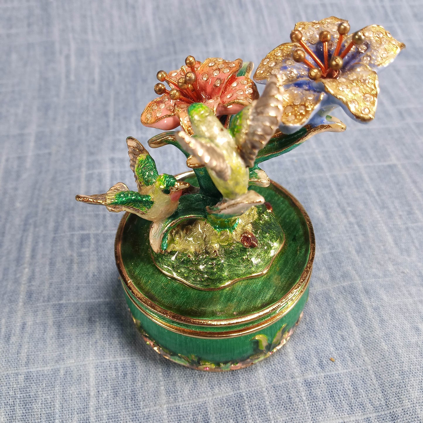 1990s Vintage Keepsake Holder: Flowers and Humming Birds in Green and Pink Enamel