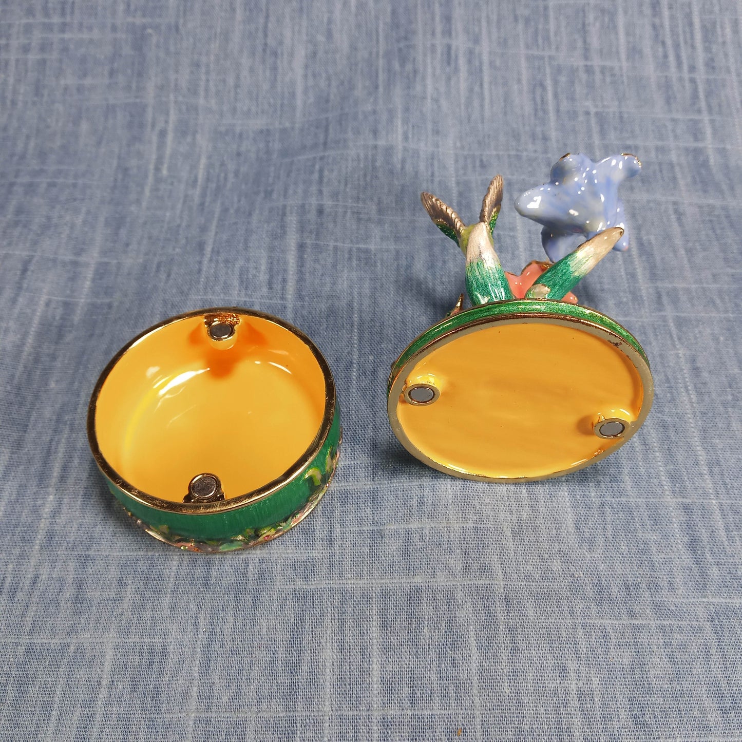 1990s Vintage Keepsake Holder: Flowers and Humming Birds in Green and Pink Enamel