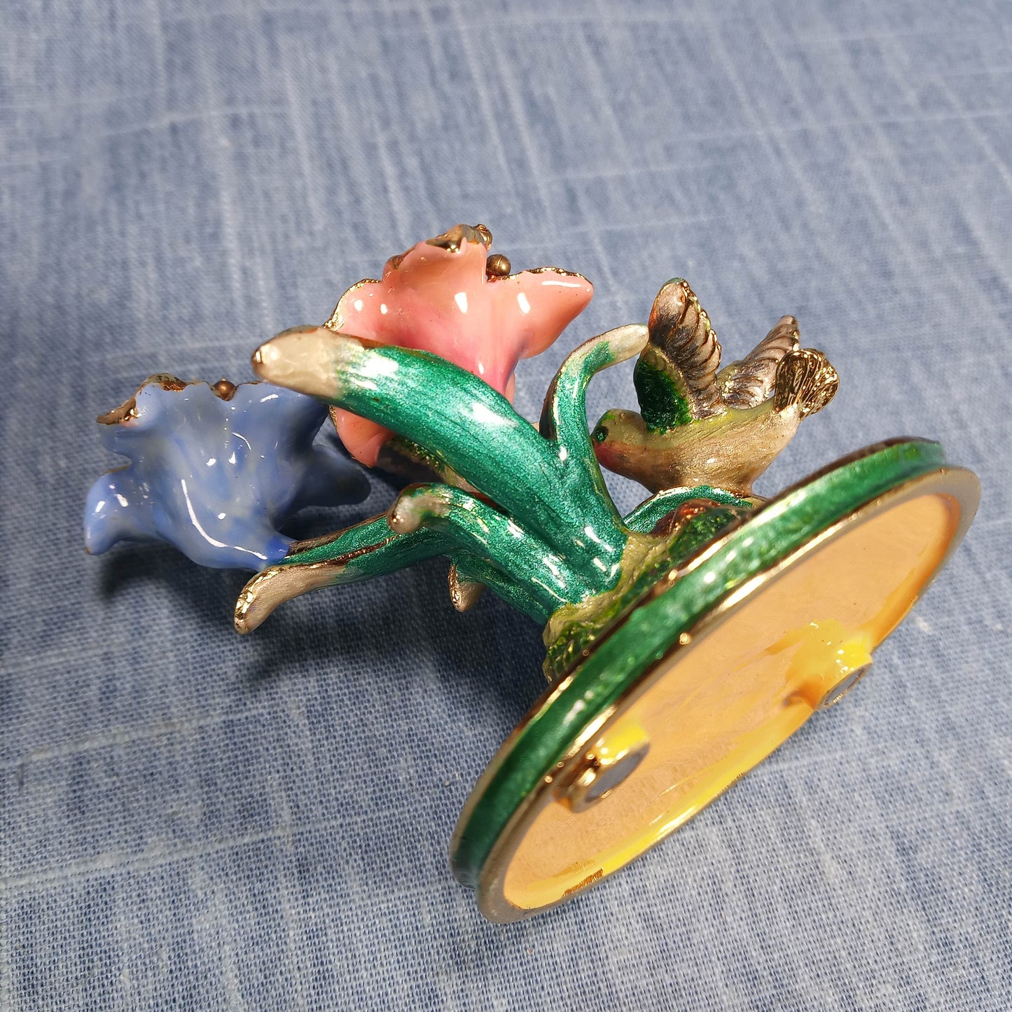 1990s Vintage Keepsake Holder: Flowers and Humming Birds in Green and Pink Enamel