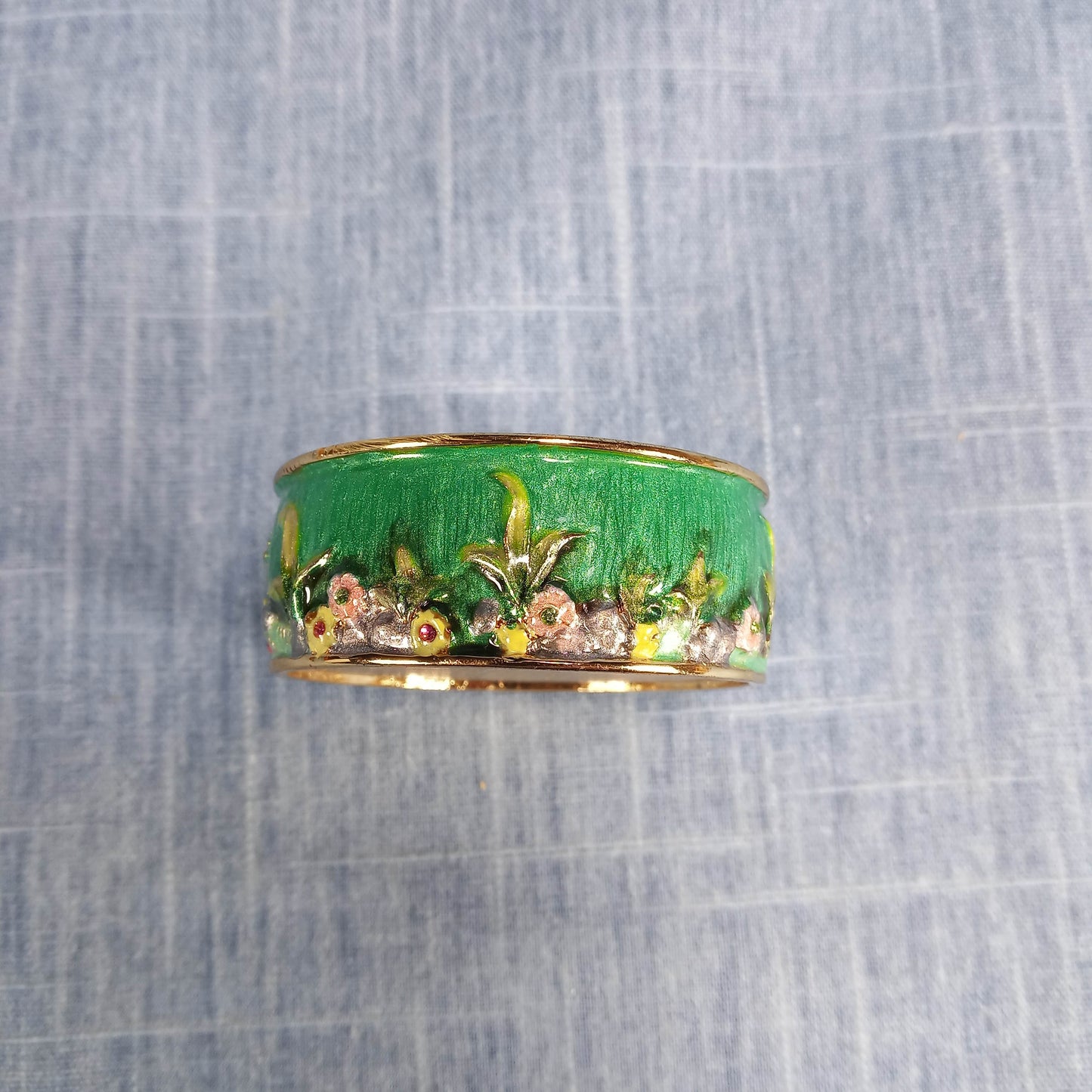 1990s Vintage Keepsake Holder: Flowers and Humming Birds in Green and Pink Enamel