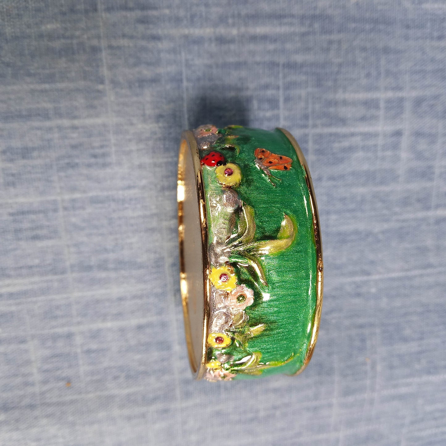 1990s Vintage Keepsake Holder: Flowers and Humming Birds in Green and Pink Enamel