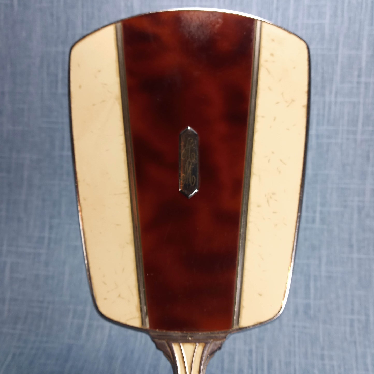 1930s Art Deco Hand Mirror with Cream and Tortoise Shell Highlights