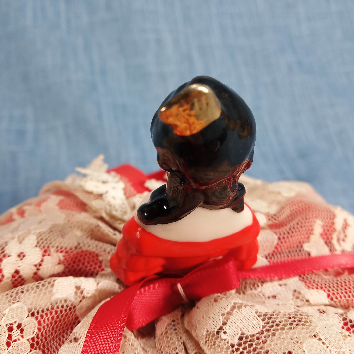 1940s Two Vintage Porcelain Figurine Pincushions: Hand Painted with Lace