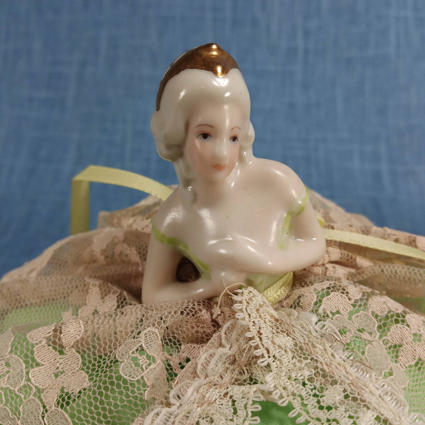 1940s Two Vintage Porcelain Figurine Pincushions: Hand Painted with Lace