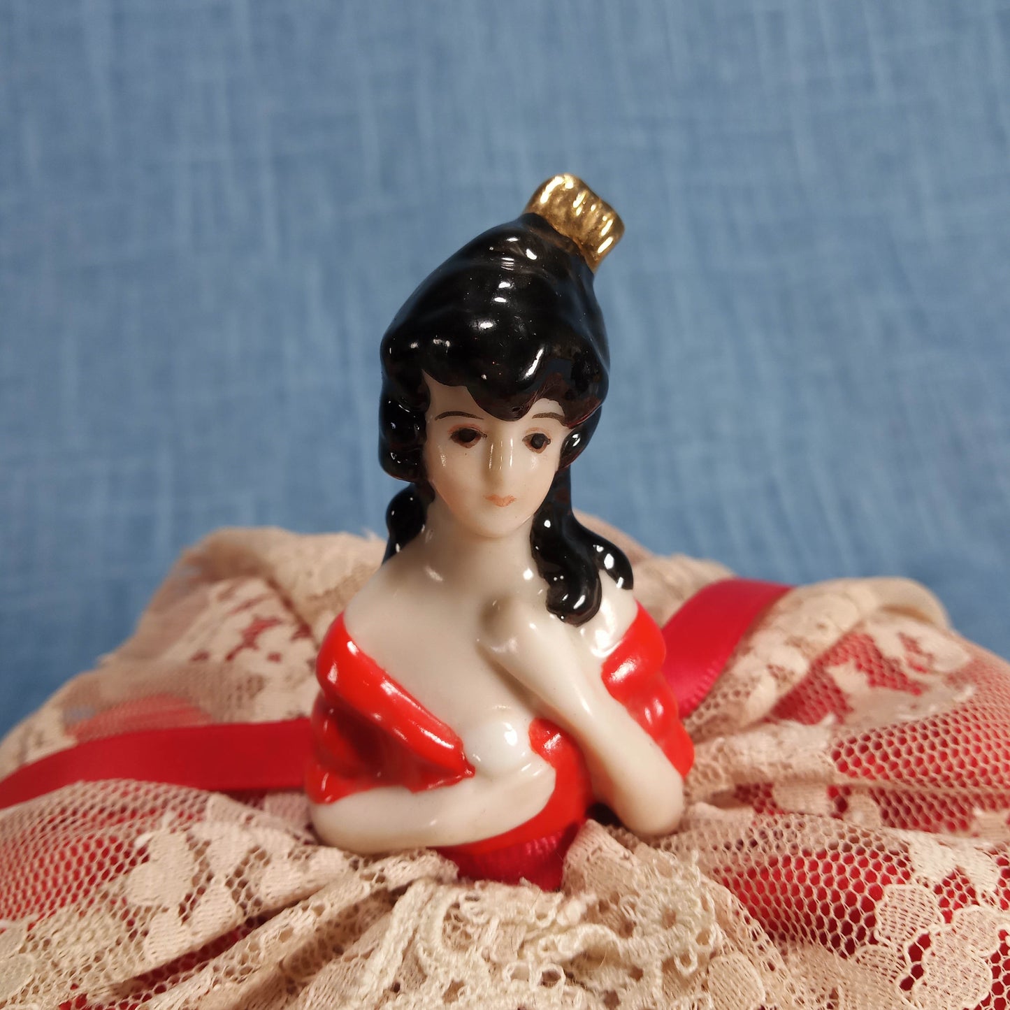 1940s Two Vintage Porcelain Figurine Pincushions: Hand Painted with Lace