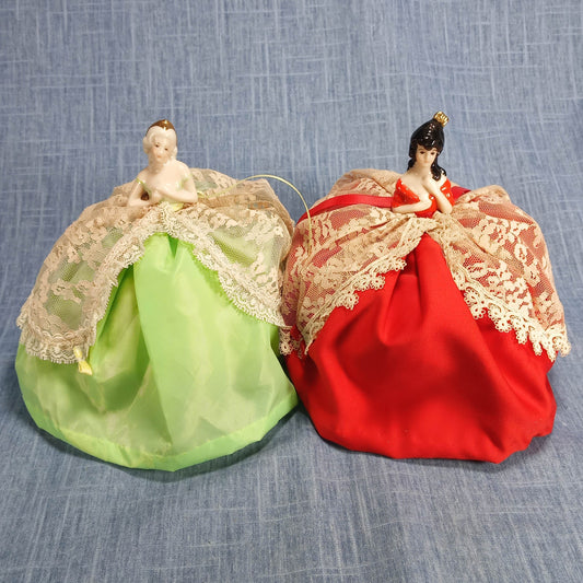 1940s Two Vintage Porcelain Figurine Pincushions: Hand Painted with Lace