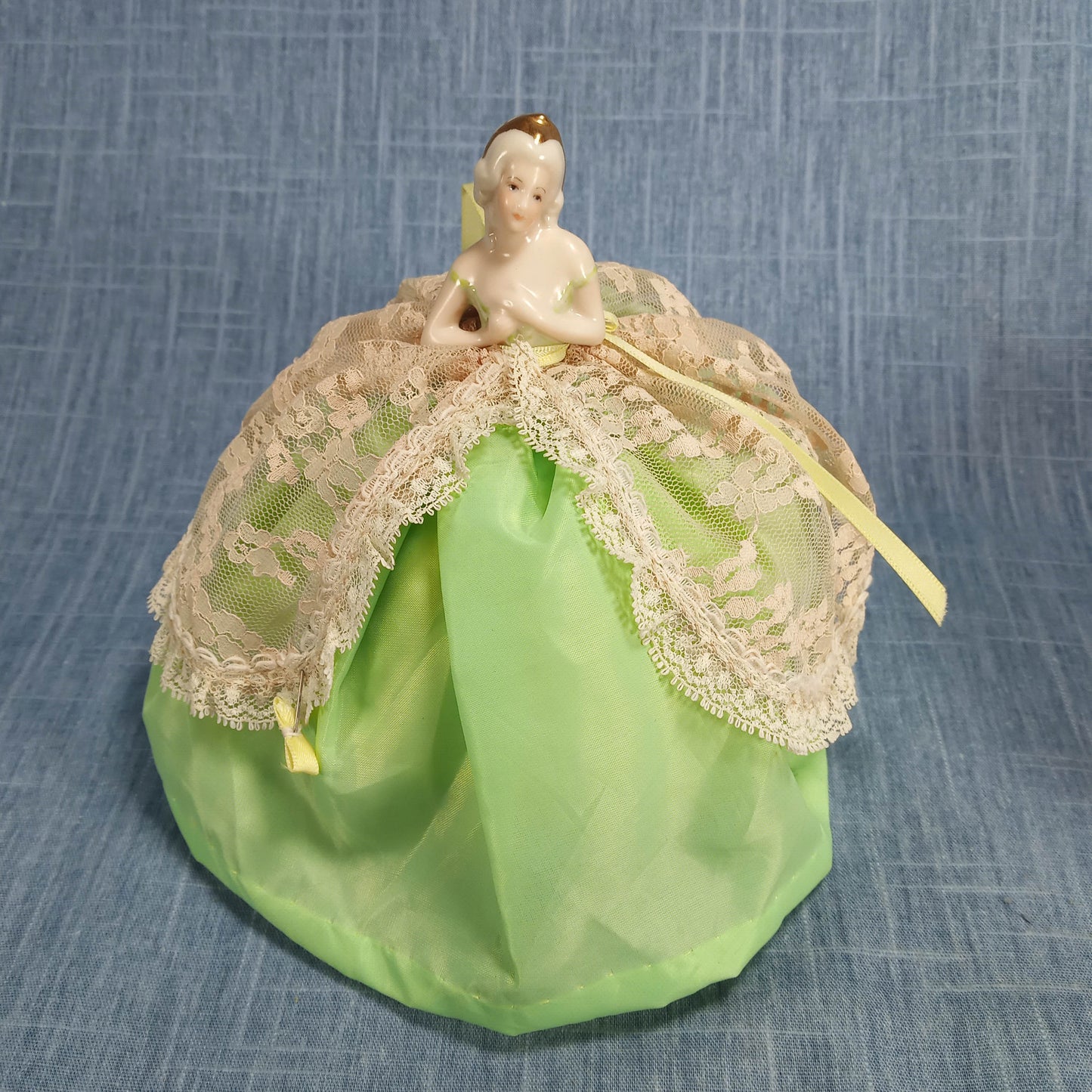 1940s Two Vintage Porcelain Figurine Pincushions: Hand Painted with Lace