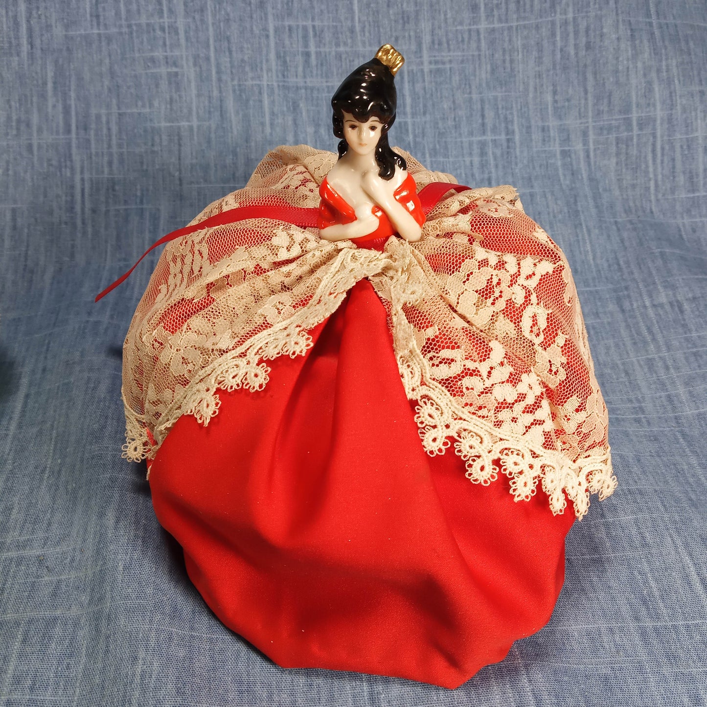 1940s Two Vintage Porcelain Figurine Pincushions: Hand Painted with Lace