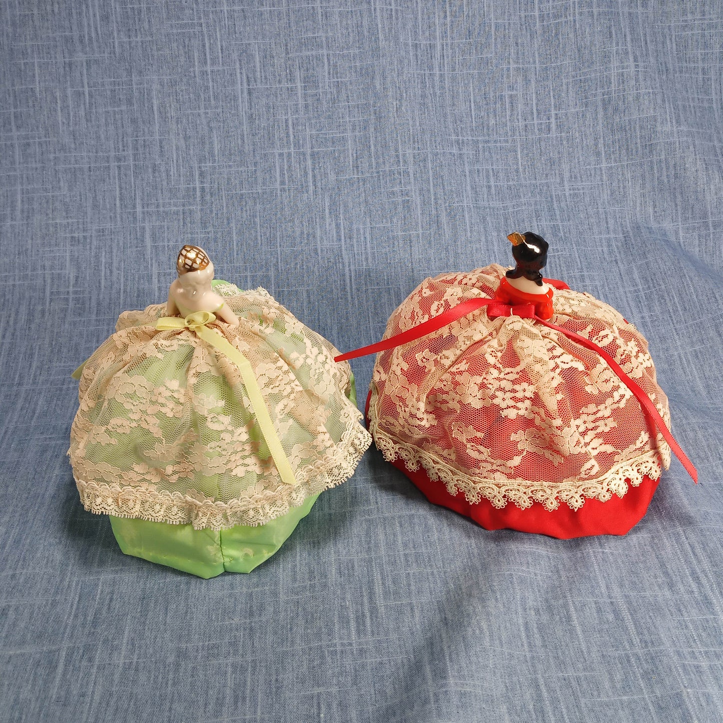 1940s Two Vintage Porcelain Figurine Pincushions: Hand Painted with Lace