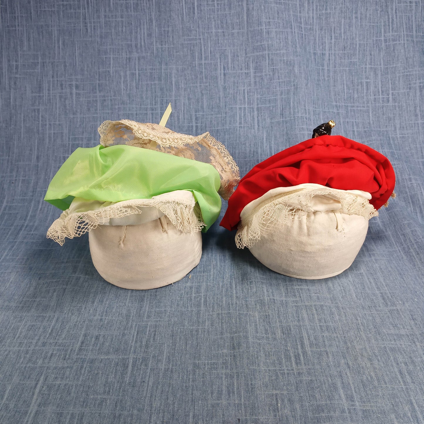 1940s Two Vintage Porcelain Figurine Pincushions: Hand Painted with Lace