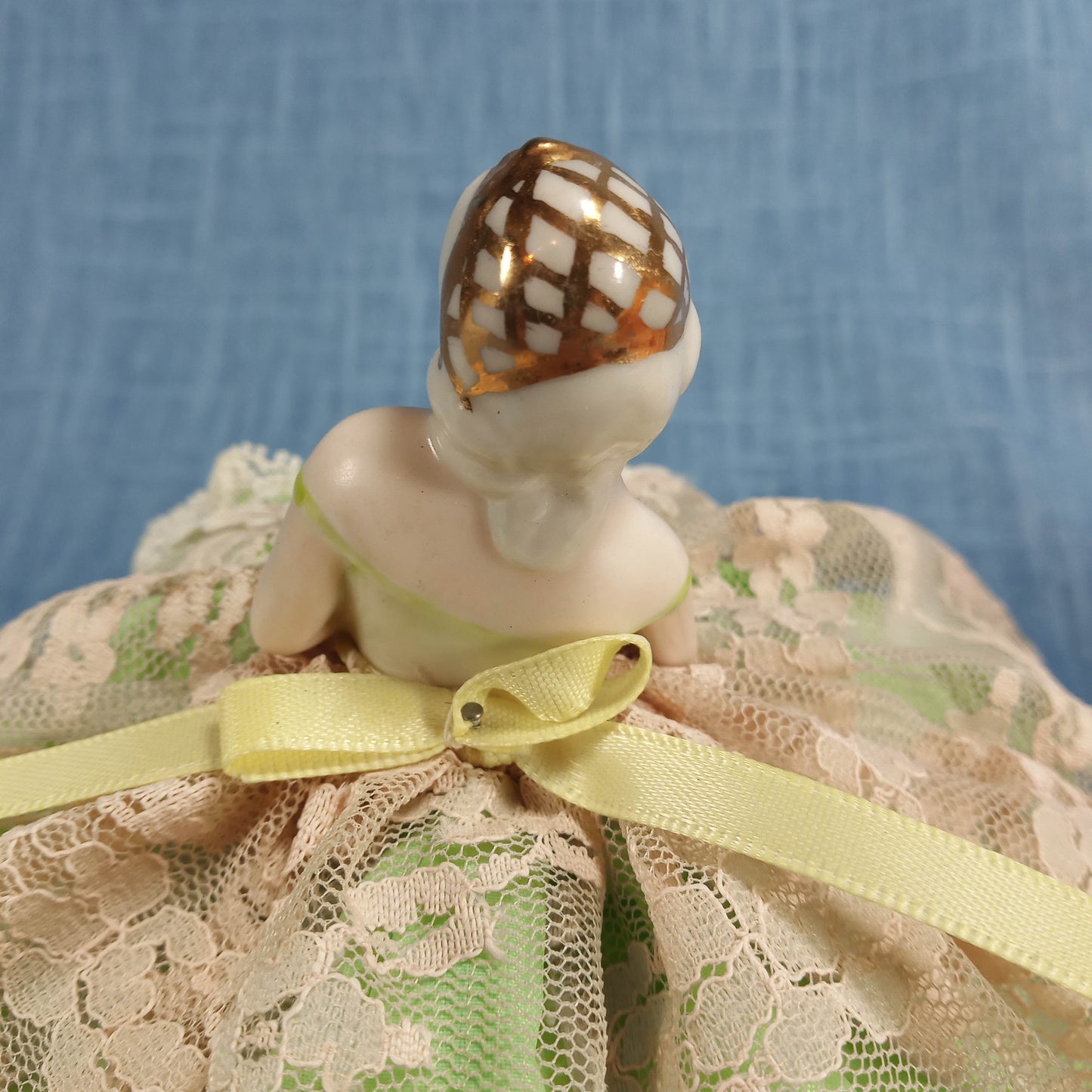 1940s Two Vintage Porcelain Figurine Pincushions: Hand Painted with Lace