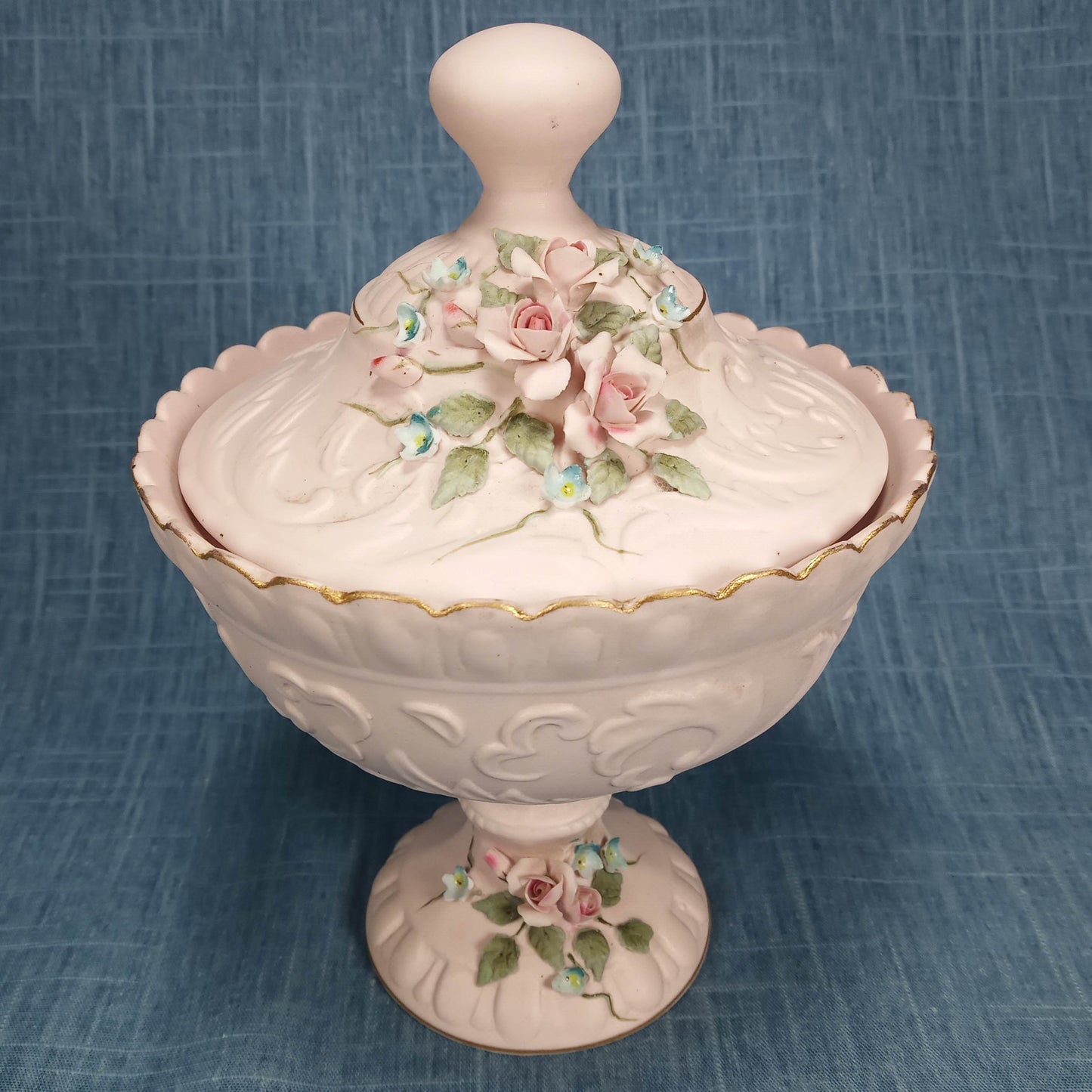 1950s Vintage Lefton China: Pink Bisque Porcelain Compote Hand-Painted with Lid and Base Floral Design