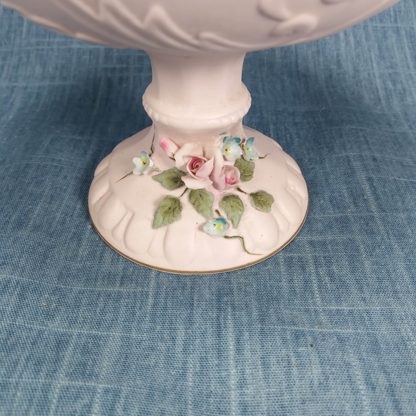 1950s Vintage Lefton China: Pink Bisque Porcelain Compote Hand-Painted with Lid and Base Floral Design