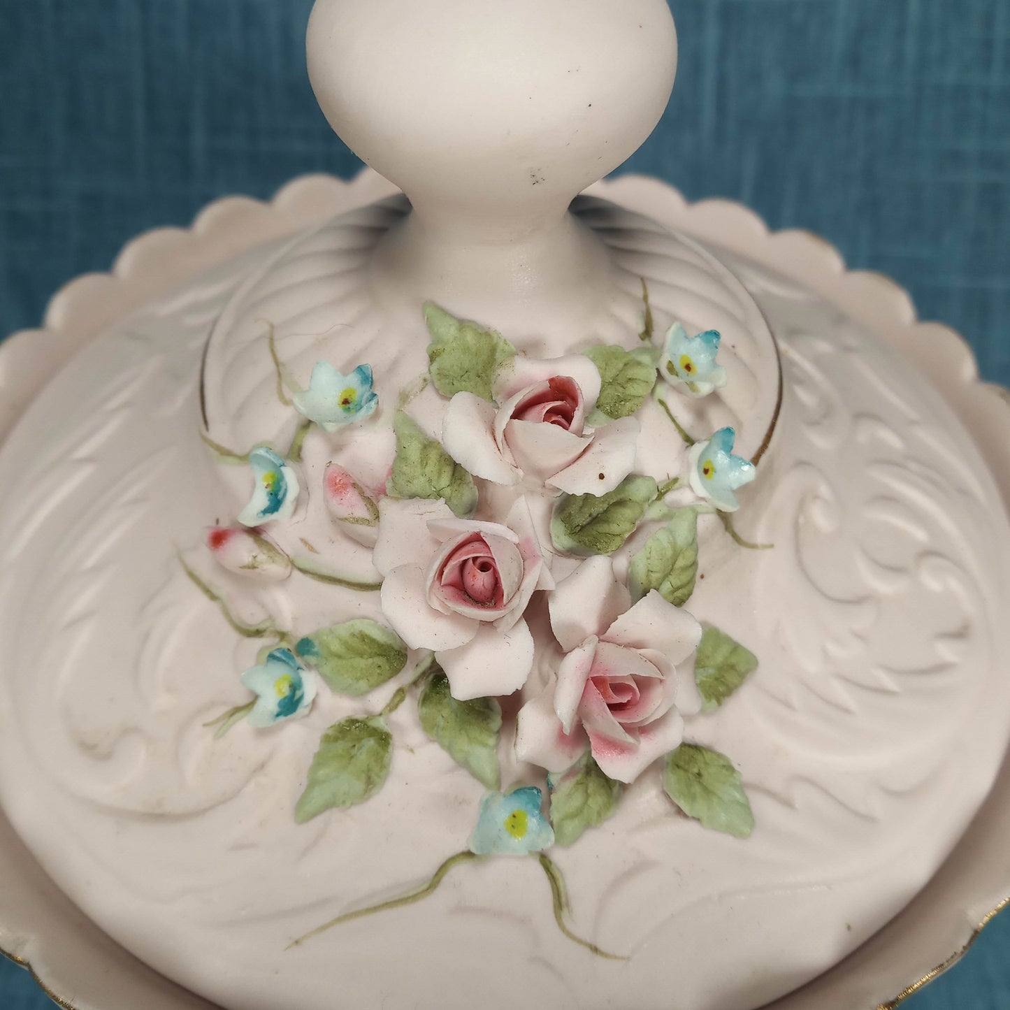 1950s Vintage Lefton China: Pink Bisque Porcelain Compote Hand-Painted with Lid and Base Floral Design