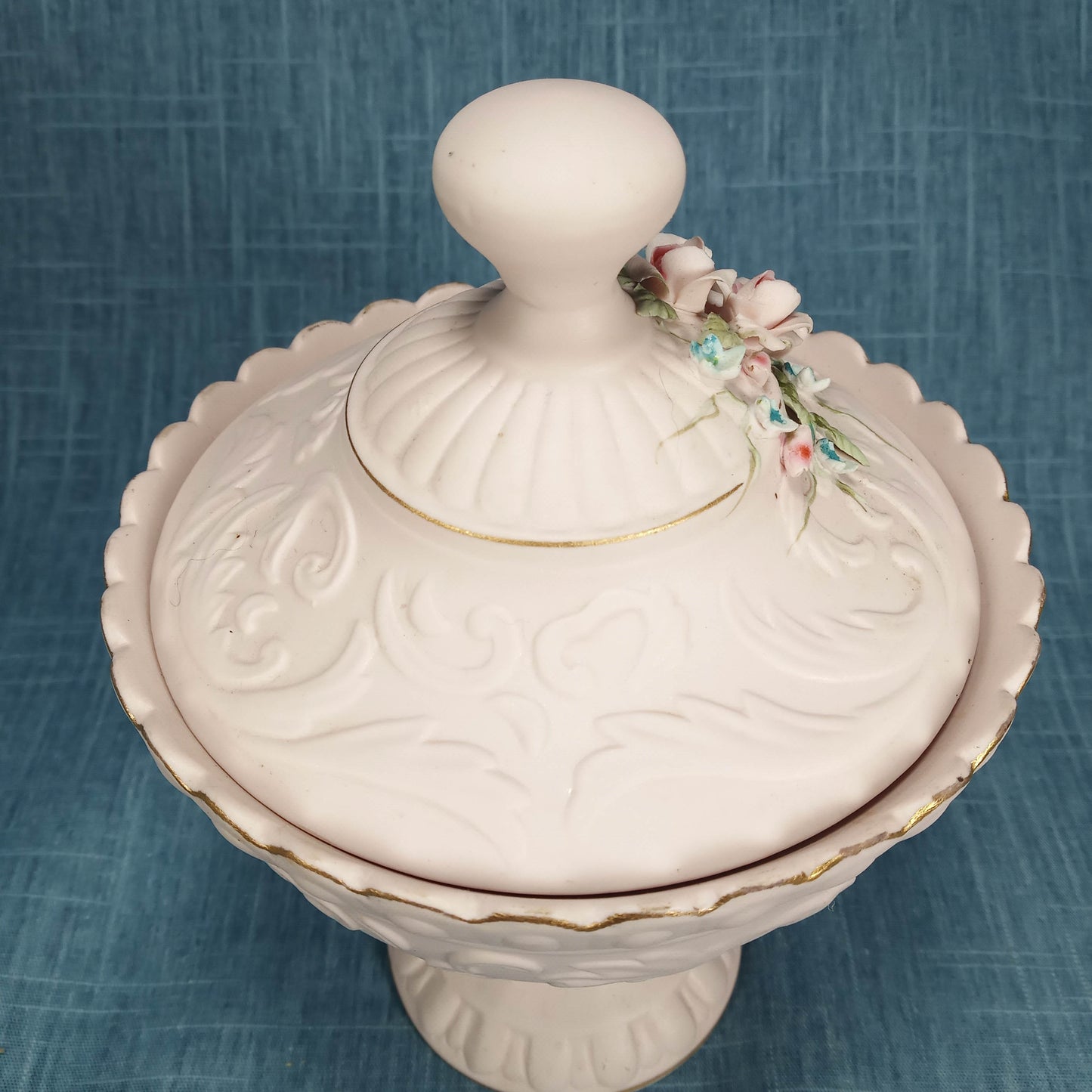 1950s Vintage Lefton China: Pink Bisque Porcelain Compote Hand-Painted with Lid and Base Floral Design