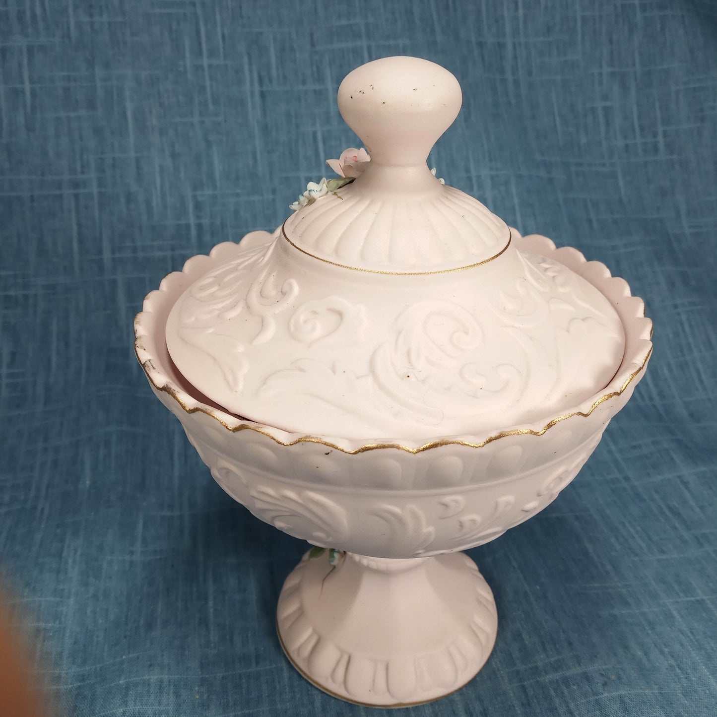 1950s Vintage Lefton China: Pink Bisque Porcelain Compote Hand-Painted with Lid and Base Floral Design
