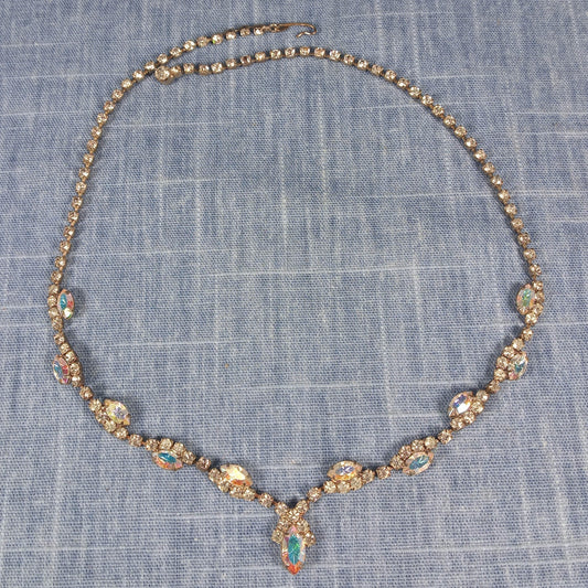 1960s Vintage Necklace with Aurora Borealis Rhinestones and a Center Drop Stone