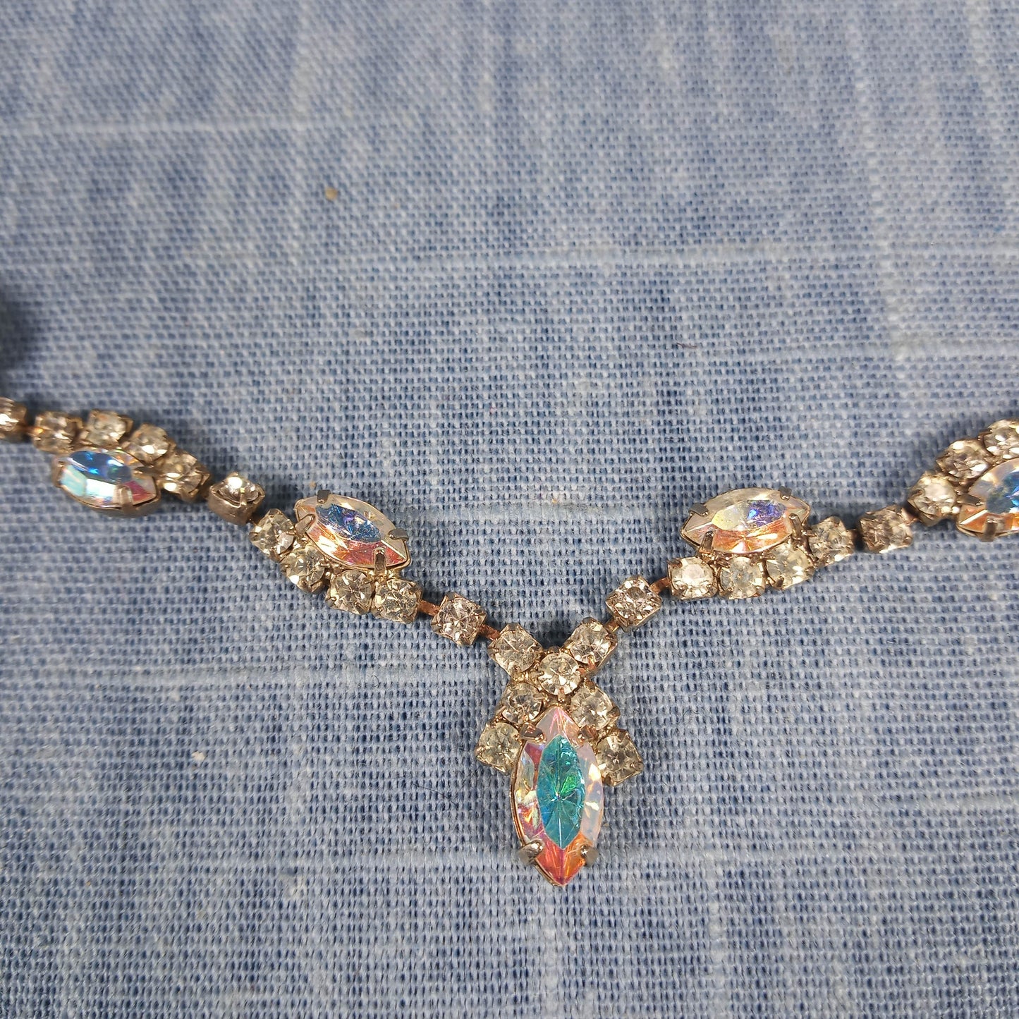 1960s Vintage Necklace with Aurora Borealis Rhinestones and a Center Drop Stone