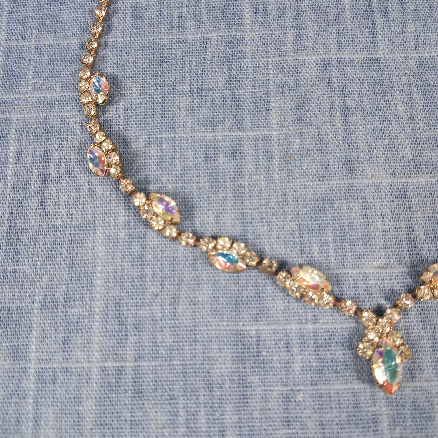 1960s Vintage Necklace with Aurora Borealis Rhinestones and a Center Drop Stone
