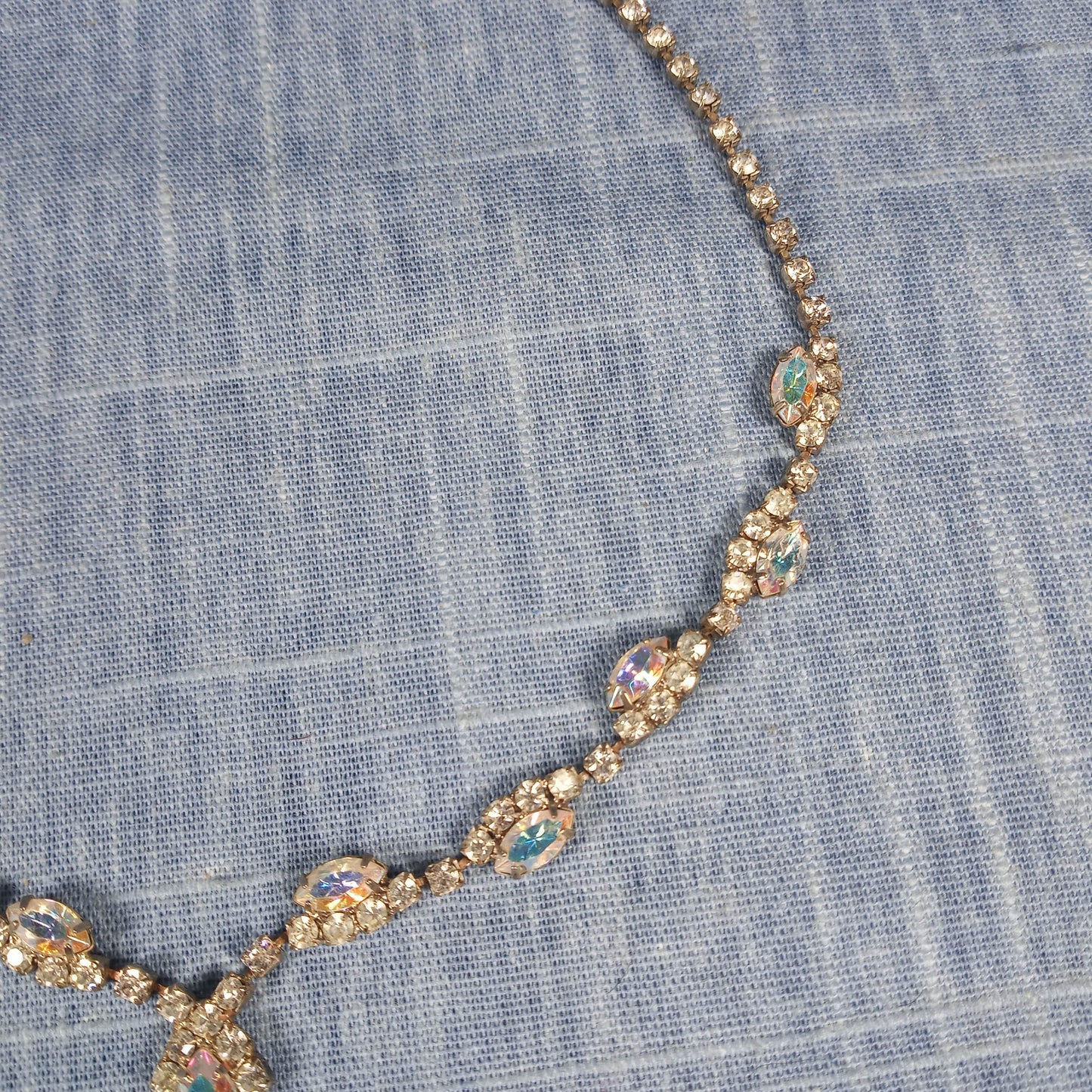 1960s Vintage Necklace with Aurora Borealis Rhinestones and a Center Drop Stone