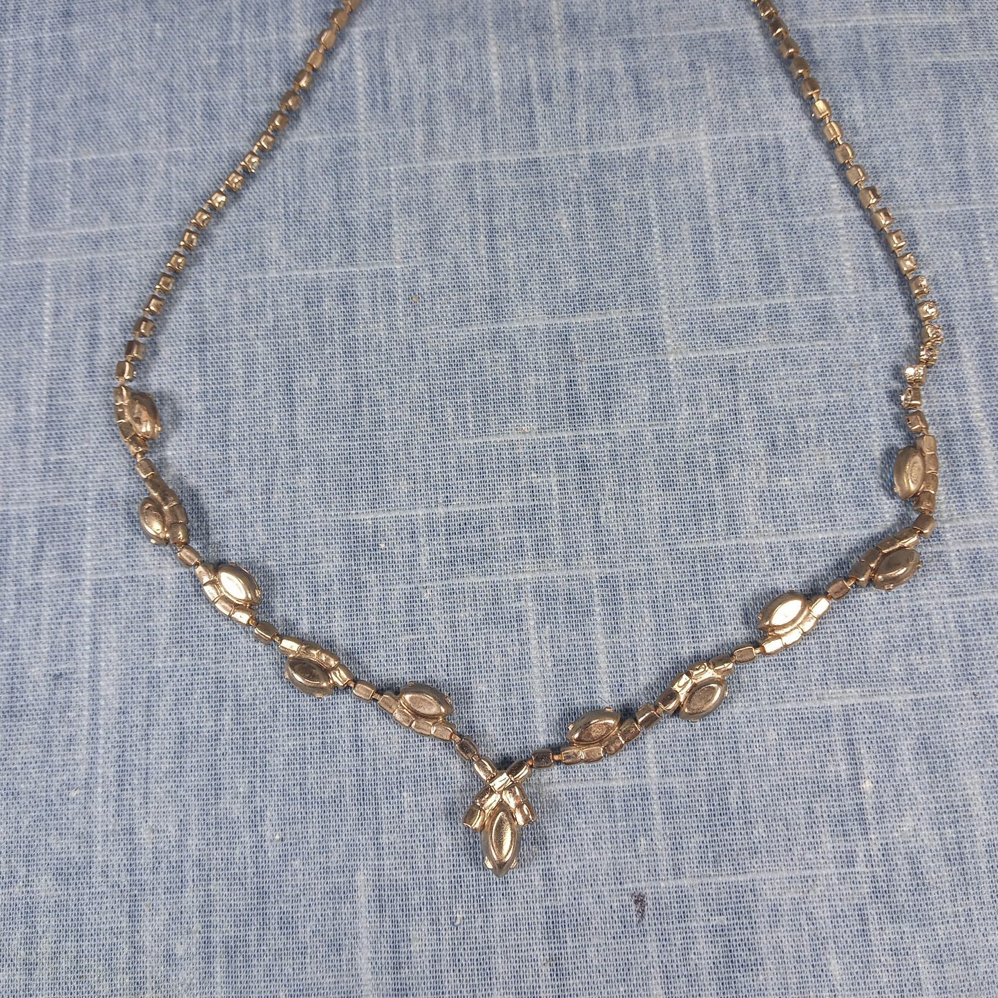 1960s Vintage Necklace with Aurora Borealis Rhinestones and a Center Drop Stone