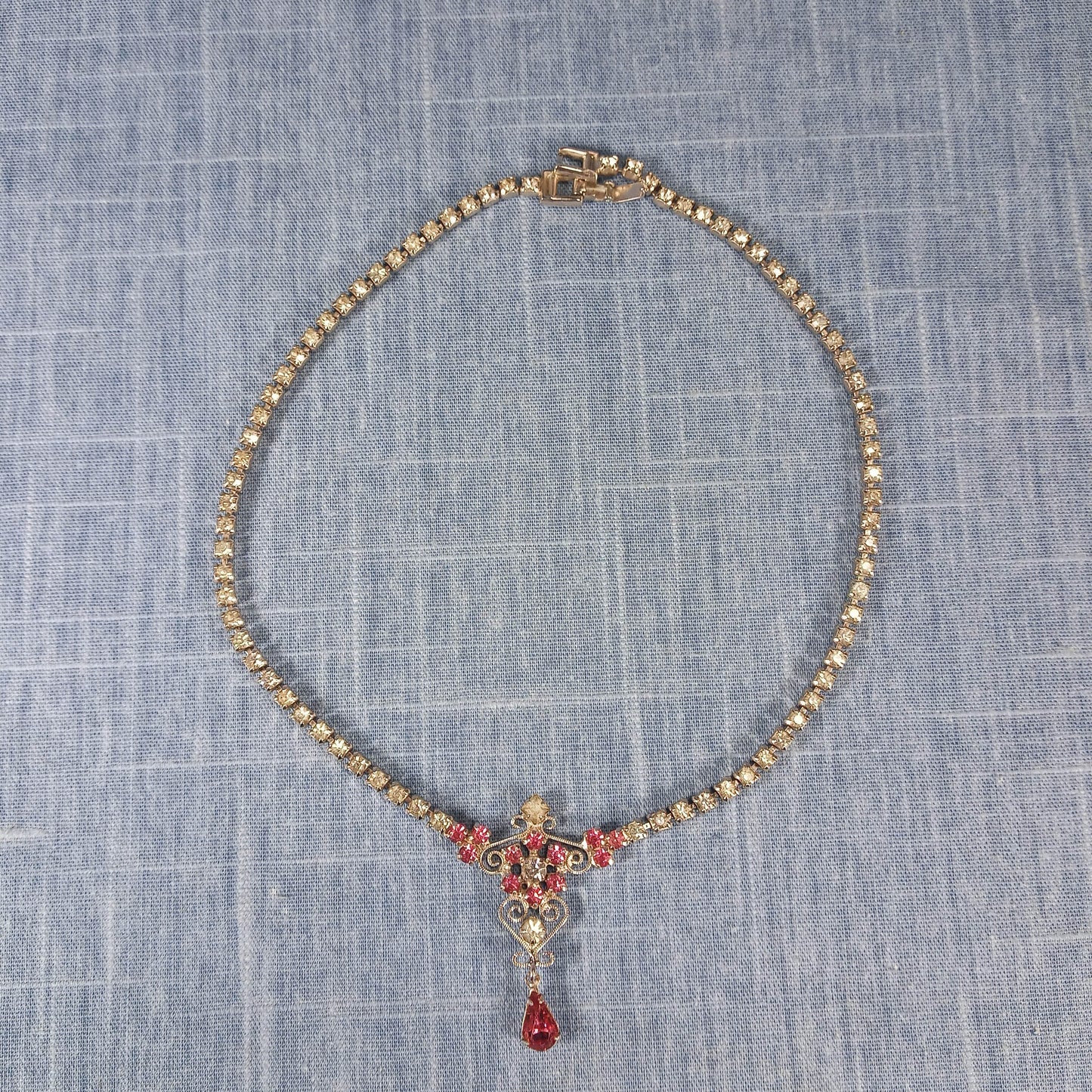 1980s Vintage Necklace with Clear Rhinestones and a Red Rhinestone Drop