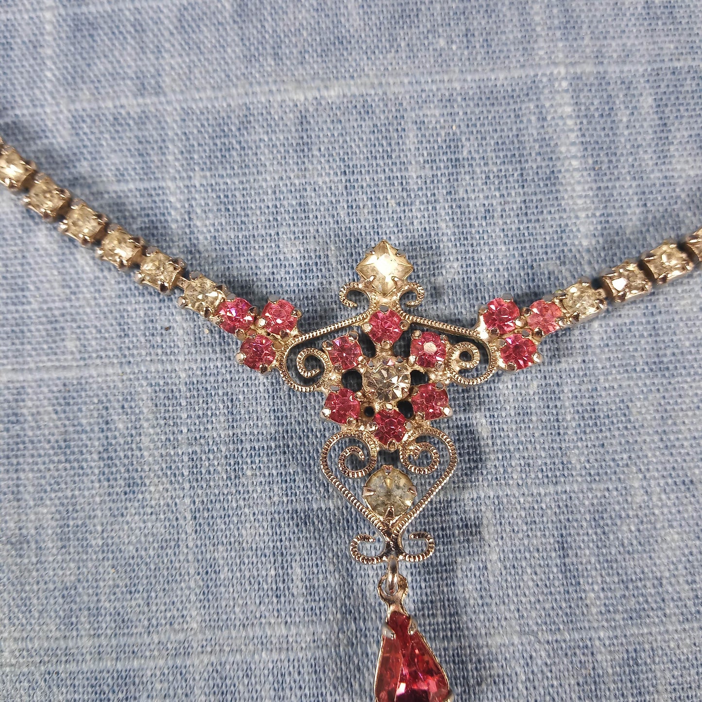 1980s Vintage Necklace with Clear Rhinestones and a Red Rhinestone Drop