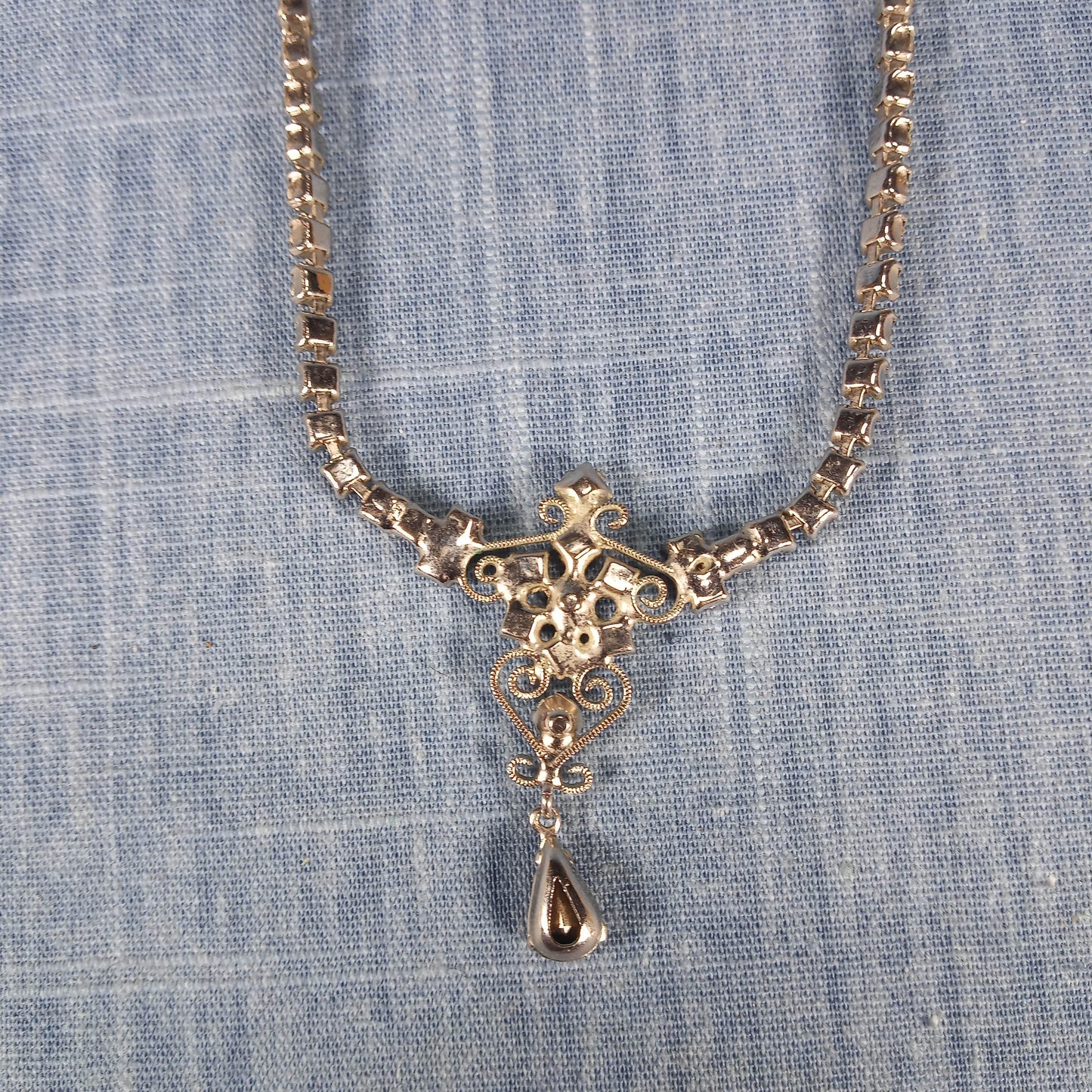 1980s Vintage Necklace with Clear Rhinestones and a Red Rhinestone Drop