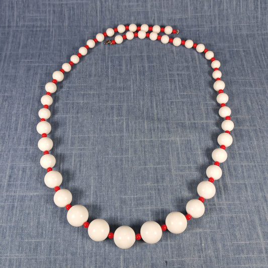 1960s Vintage Necklace with Alternating Large White and Small Red Beads