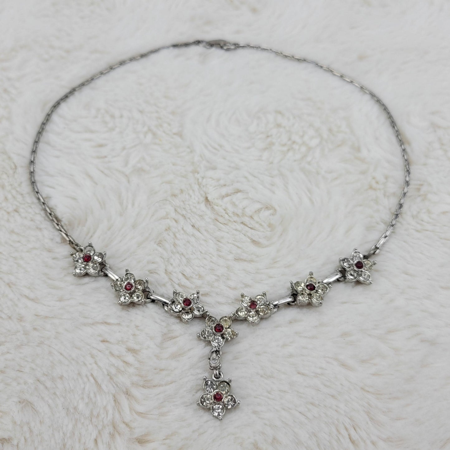 1950s Vintage Clear and Red Rhinestone Flower Vintage Drop Necklace