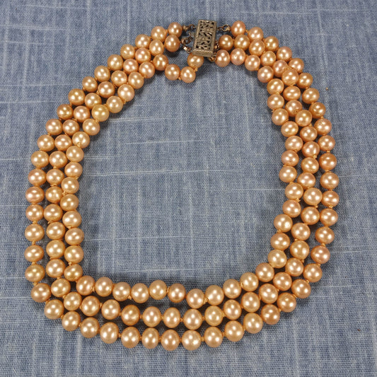 1940s Vintage Short Necklace with a Triple Strand of Pearl Beads