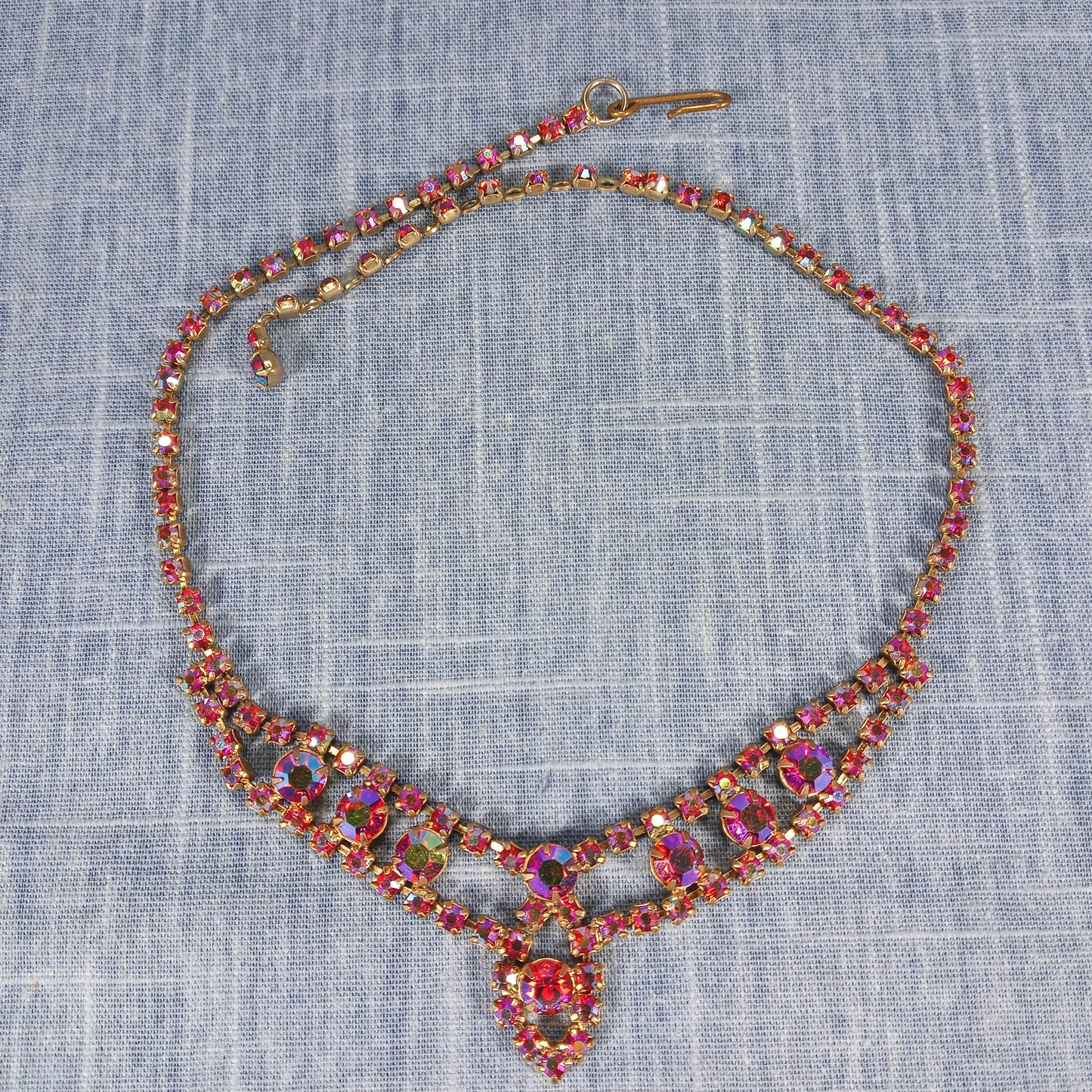 1950s Vintage Necklace with Red Aurora Borealis Rhinestones in a Drop Design