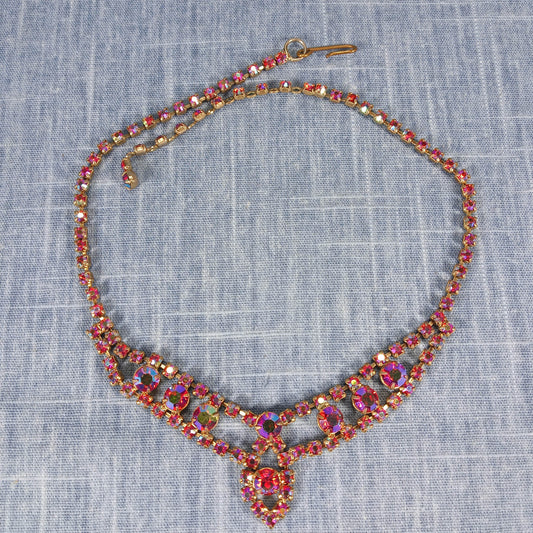 1950s Vintage Necklace with Red Aurora Borealis Rhinestones in a Drop Design
