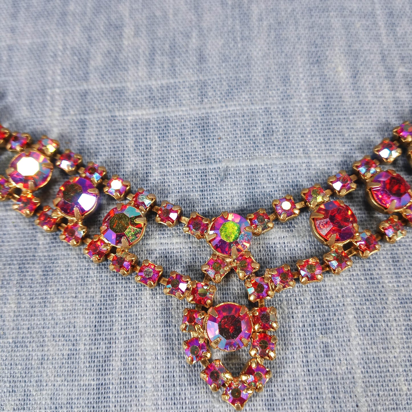 1950s Vintage Necklace with Red Aurora Borealis Rhinestones in a Drop Design