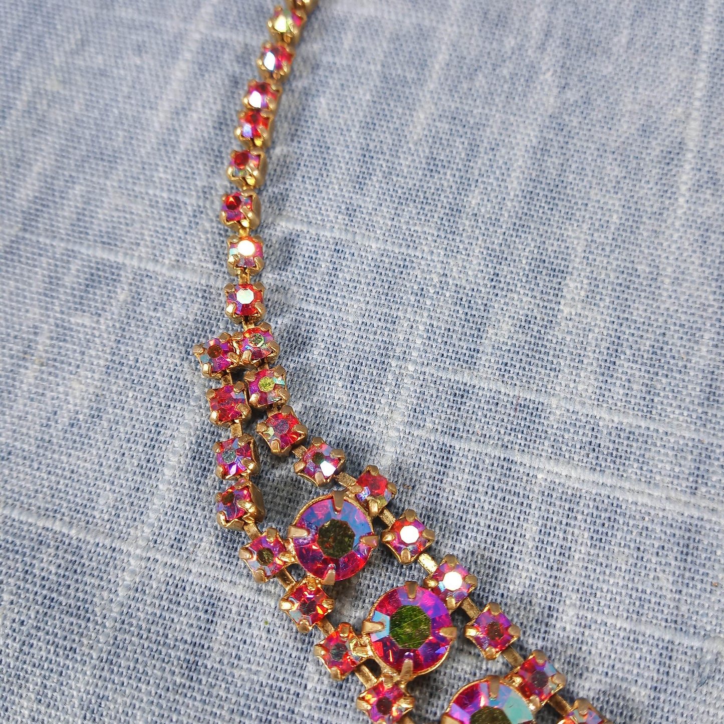1950s Vintage Necklace with Red Aurora Borealis Rhinestones in a Drop Design