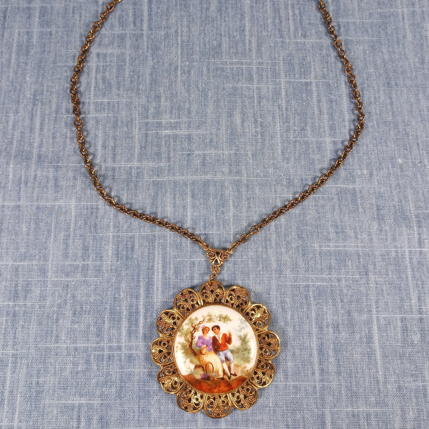 1950s Vintage Pendant Necklace with Gold Tone Filigree and Painted Scene