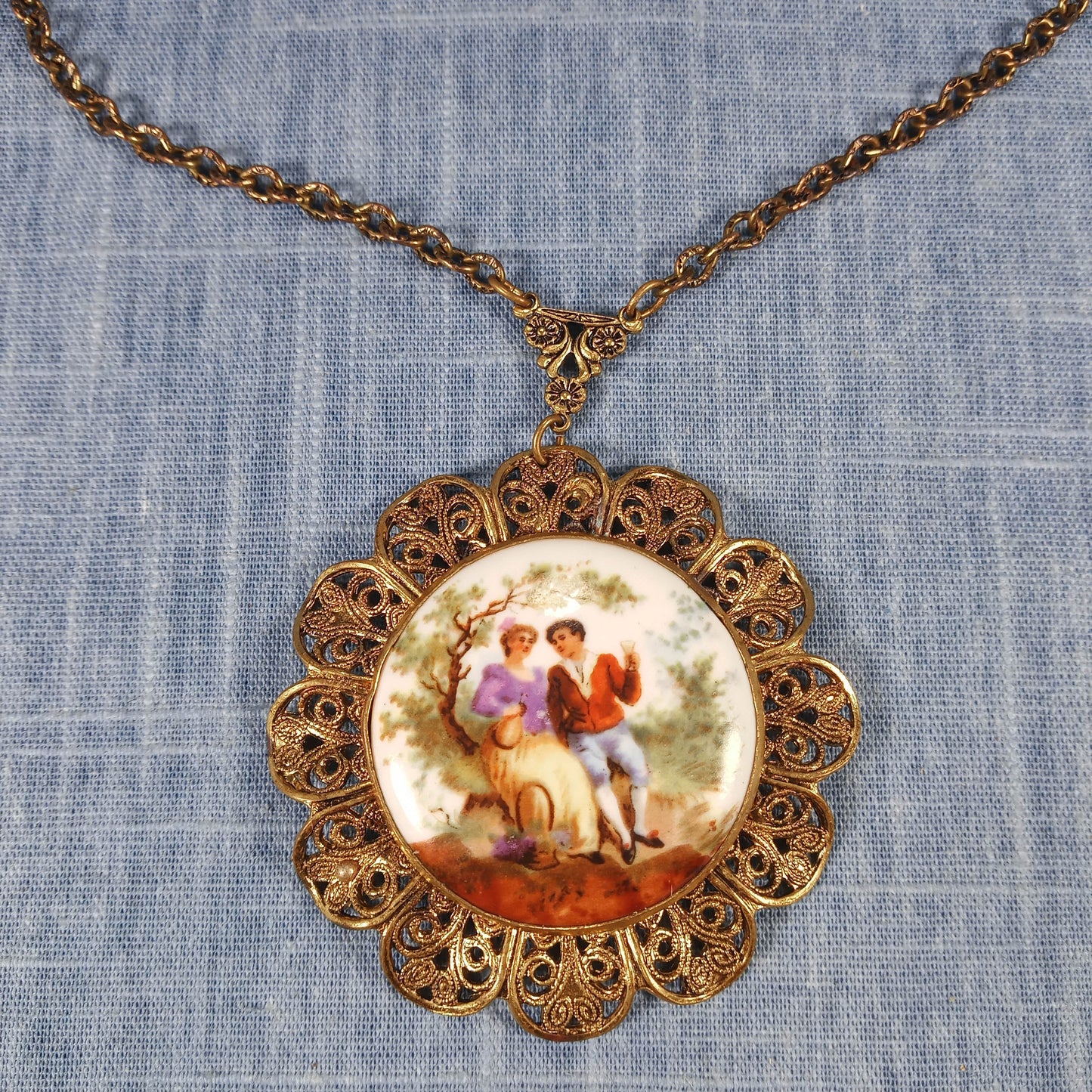 1950s Vintage Pendant Necklace with Gold Tone Filigree and Painted Scene