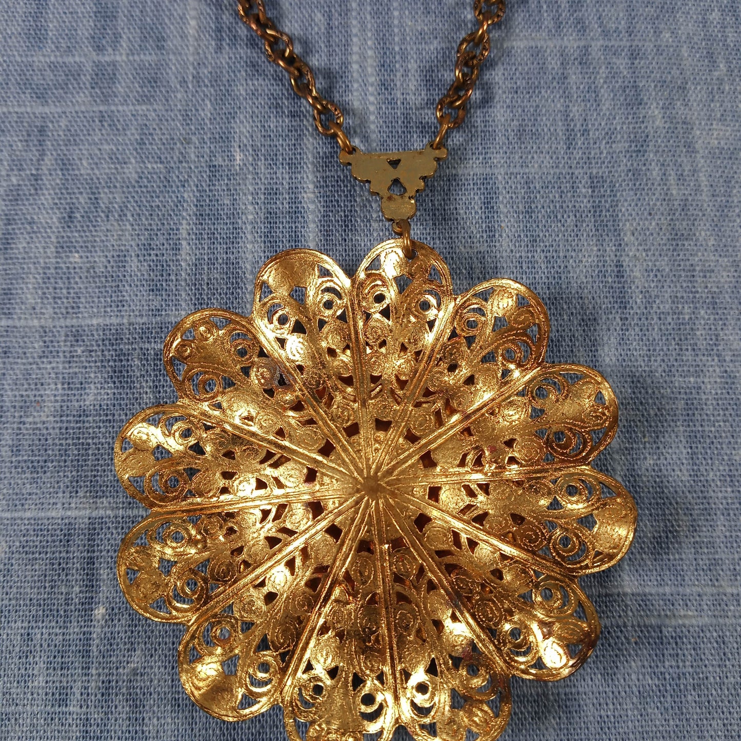 1950s Vintage Pendant Necklace with Gold Tone Filigree and Painted Scene