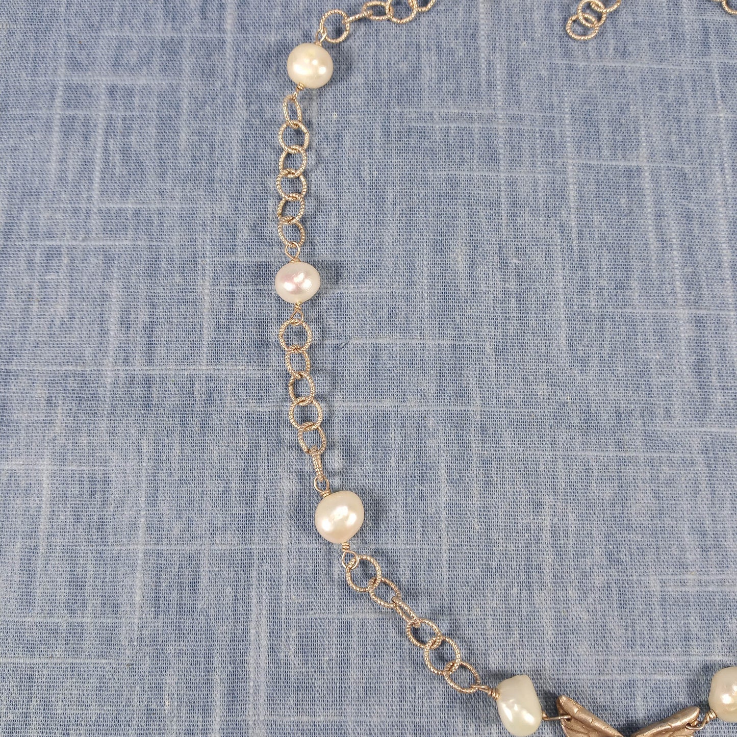 1960s Vintage Necklace with Silver Tone Chain and Fresh Pearls: Winged Pendant