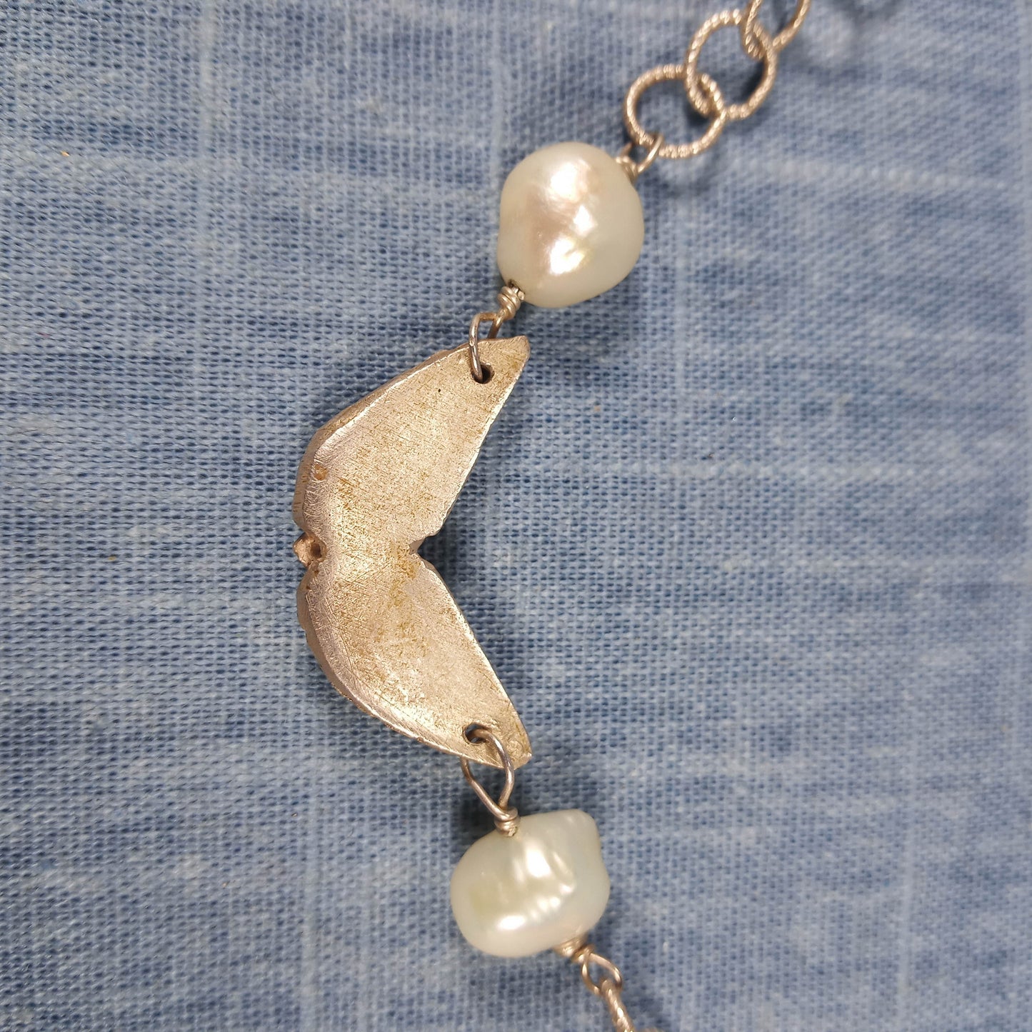 1960s Vintage Necklace with Silver Tone Chain and Fresh Pearls: Winged Pendant