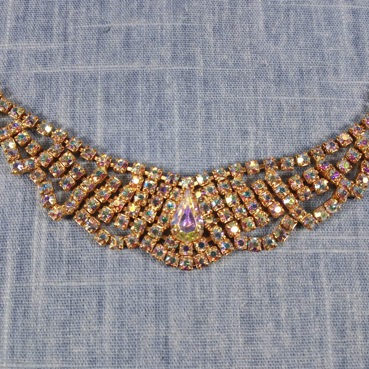 1960s Vintage Necklace with Multiple Cascading Rows of Aurora Borealis Rhinestones
