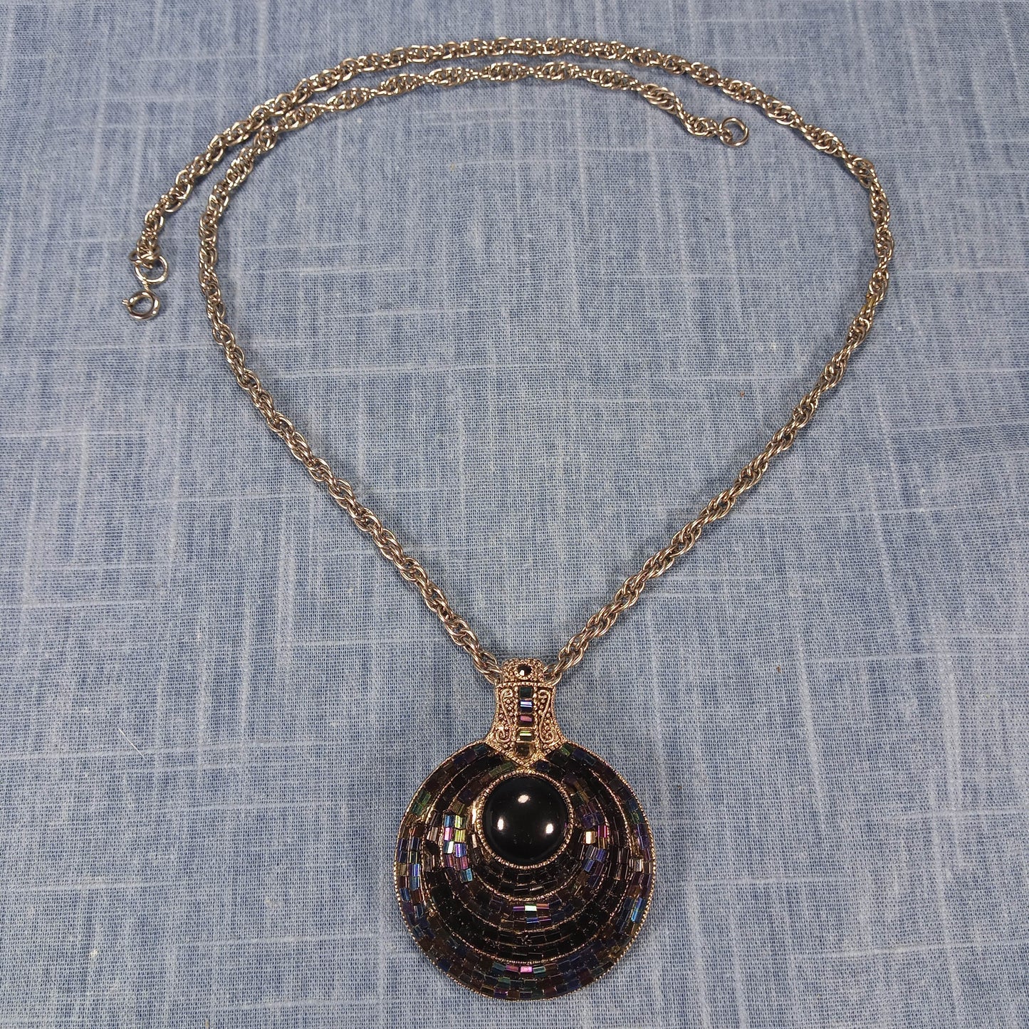 1970s Vintage Necklace with a Multi Stone Pendant and a Center Black Bead By Best
