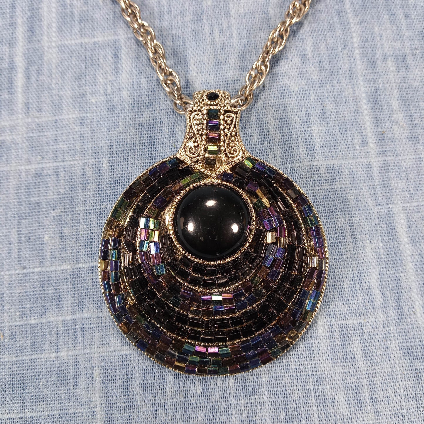 1970s Vintage Necklace with a Multi Stone Pendant and a Center Black Bead By Best