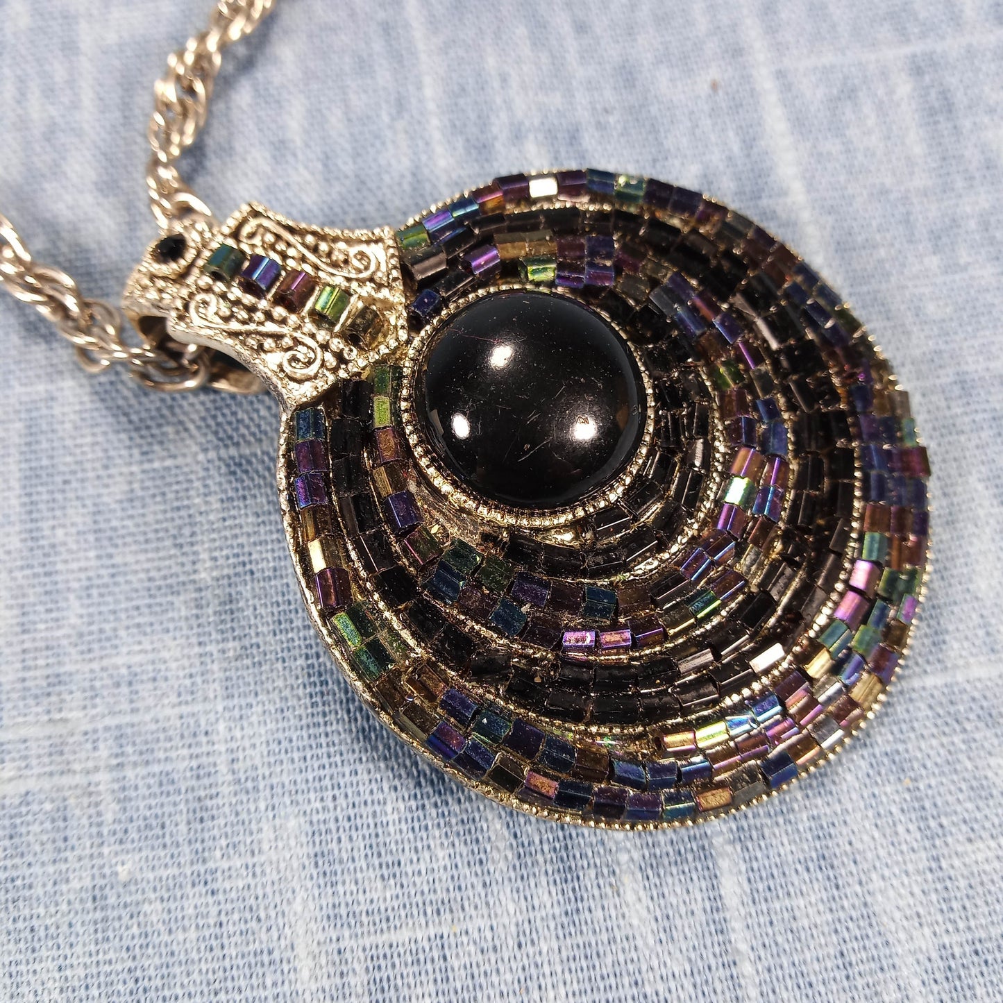 1970s Vintage Necklace with a Multi Stone Pendant and a Center Black Bead By Best