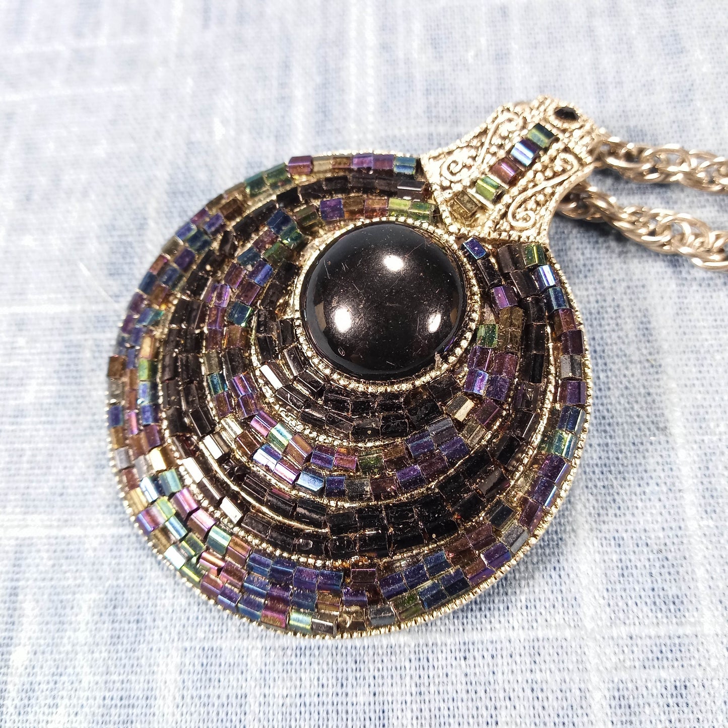 1970s Vintage Necklace with a Multi Stone Pendant and a Center Black Bead By Best