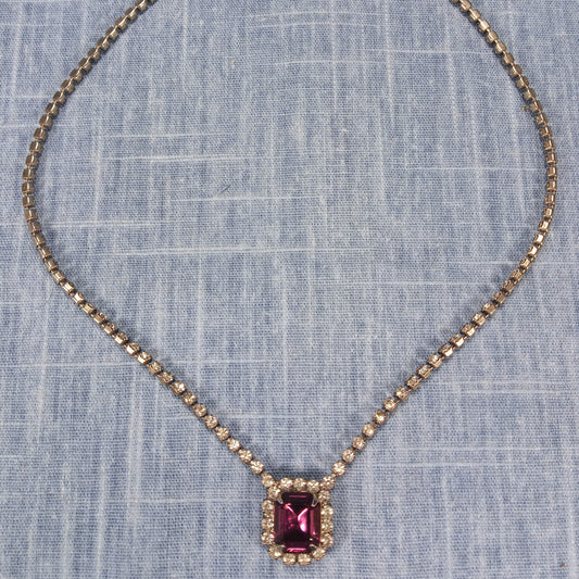 1980s Vintage Necklace with a Single Strand of Clear Rhinestones and Red Pendant