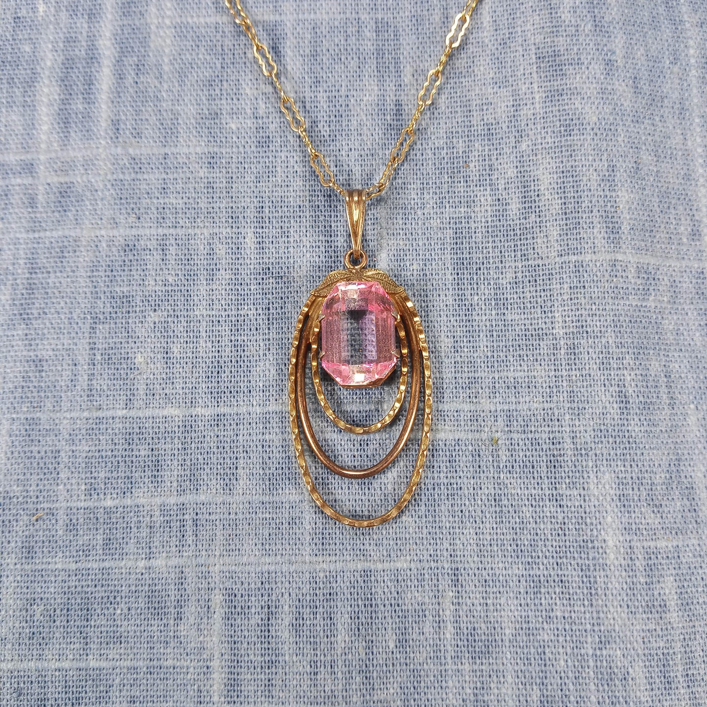 1980s Vintage Necklace with a Long Gold Tone Link Chain and Pink Glass Pendant